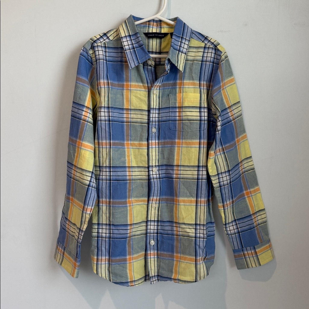 Janie And Jack Linen Blend Blue And Yellow Plaid Shirt Size 8